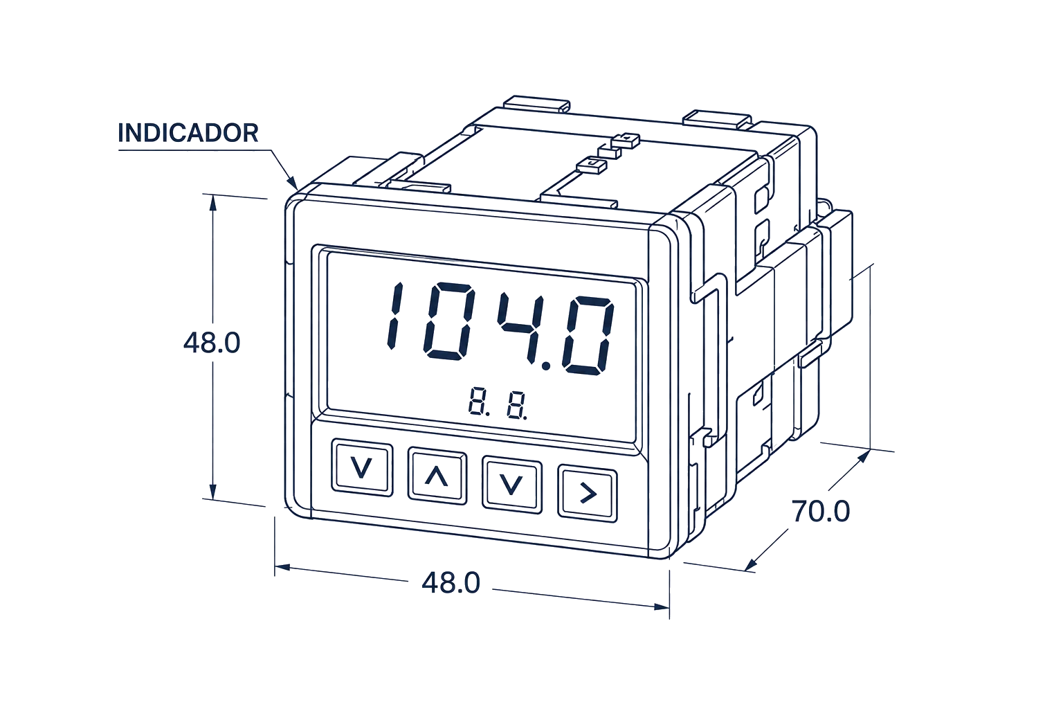Desenho técnico de indicador digital com cotas 48x48x70mm